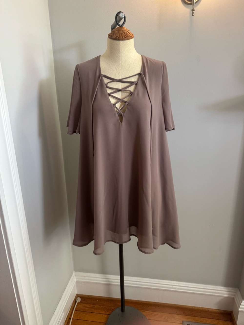 Show Me Your MuMu Lace-Up Mini Dress in Mauve Taupe
